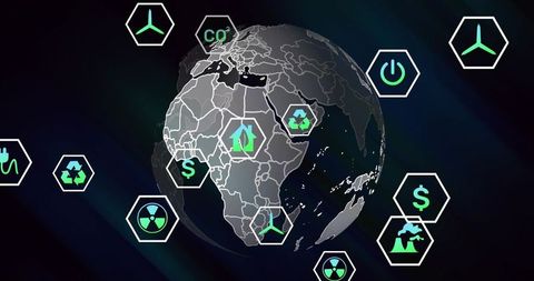 3D Globe Highlighting Africa with Neon Sustainability Icons and Energy Infographic