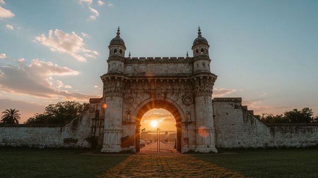 Majestic Historic Archway with Sunset Glow in Heritage Park