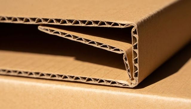 Folded corrugated cardboard macro revealing layered flutes and geometric repeating texture