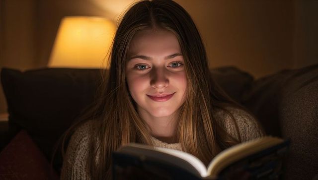 Teenage girl reading on sofa by warm lamp light wearing knit sweater cozy nighttime