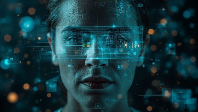 Woman viewing holographic hud overlay with data visualization and ai interface in teal