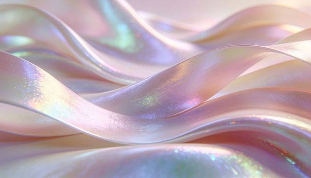 Flowing pearlescent ribbons pastel iridescent satin waves abstract luminous background