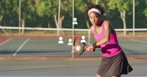 Female Tennis Player Swinging Racket with Graphical Overlay on Court