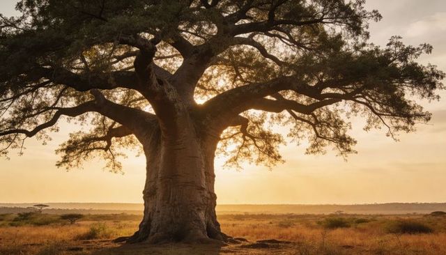 Majestic baobab tree backlit by sunrise over golden african savanna horizon