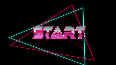 Neon Start Text with Triangles on Black Background