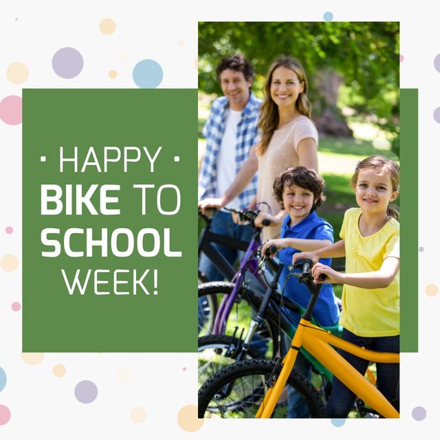 Family highlighting excited children and smiling parent riding bicycles through lush park scene. Perfect for themes of family fitness, outdoor activities, environmental awareness campaigns, and bonding experiences during special weeks like Bike to School Week.