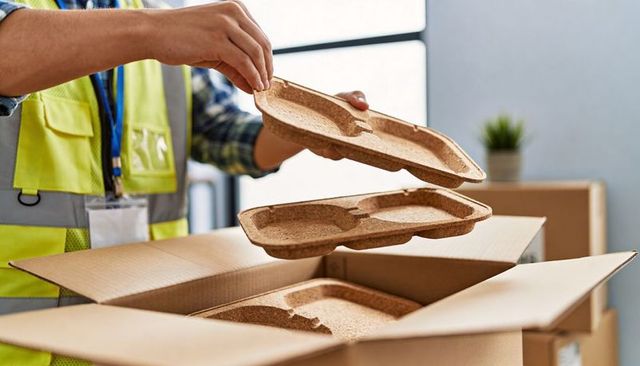 Worker Packing Compostable Molded Fiber Trays in Cardboard Boxes for Sustainable Packaging