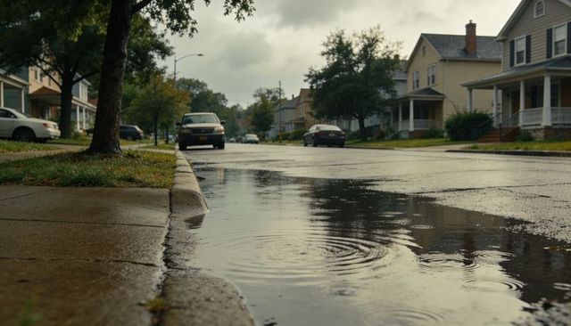 Suburban street after rain reflecting puddles and ripples on wet curb and sidewalks