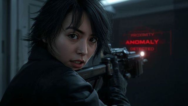 Asian operative shouldering rifle scanning futuristic corridor with red holo anomaly alert