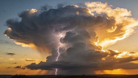 Golden sunset illuminating towering cumulonimbus with dramatic lightning over prairie storm