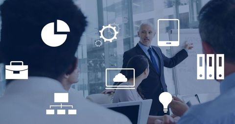 Senior Executive Presenting Strategy in Glass Conference Room with Digital Icons Overlay
