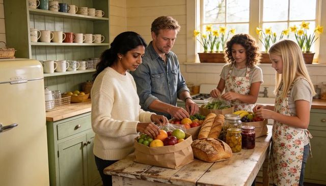 Family packing fresh groceries in rustic farmhouse kitchen, preparing market meal baskets
