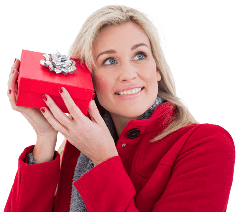 Blonde Woman Unwrapping Red Gift with Transparent Background