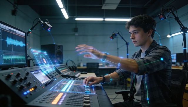 Audio engineer using ar holographic mixing console for immersive studio sound design