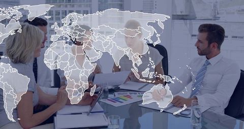 Global Business Team Discussing Strategy with World Map Overlay in Bright Boardroom