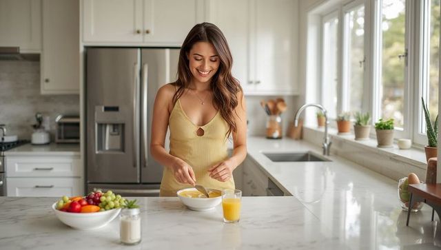 Mixing breakfast bowl: woman in yellow dress preparing smoothie bowl on sunlit counter