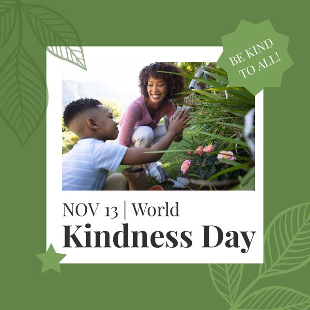 Composition of world kindness day text over african american mother with son gardening. World kindness day, togetherness and family concept.