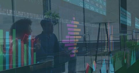 Discussing data analytics with vibrant dashboard overlays in modern collaborative office