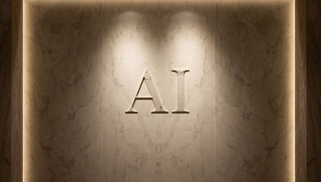 Luxurious marble reception wall with raised ai letters under warm spotlights and led glow