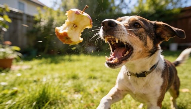 Lunging tricolor dog snapping at bitten apple core in sunny backyard