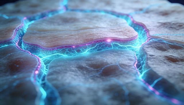 Glowing neural-like network macro render with cyan filaments and magenta rims