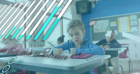 Elementary Girl Writing at Desk with Focused Expression and Turquoise Data Overlay
