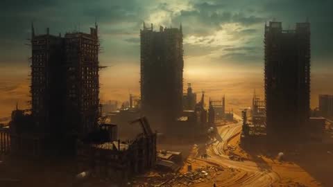 Post-Apocalyptic Cityscape at Sunset with Tower Ruins