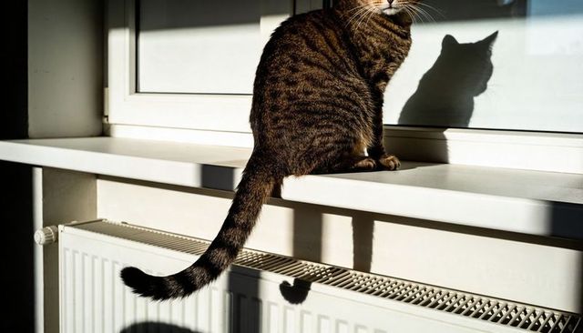 Tabby cat basking on white windowsill casting sharp shadow on glass and radiator grille