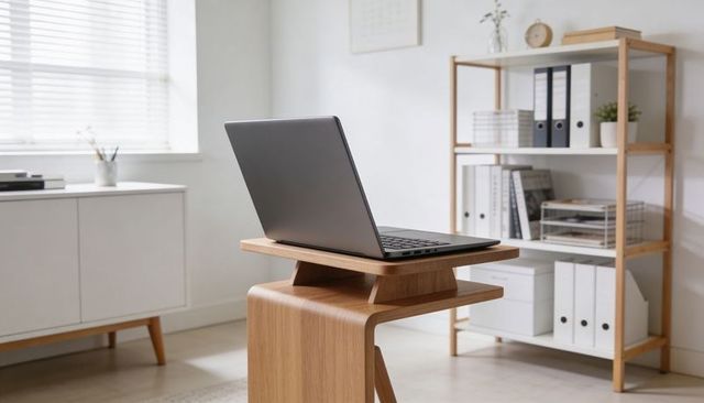 Slim dark-gray laptop resting on wooden two-tier stand in scandinavian minimalist workspace