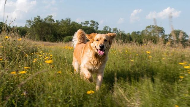 Golden Retriever Running Through Wildflower Meadow on Sunny Summer Day, Joyful Dog