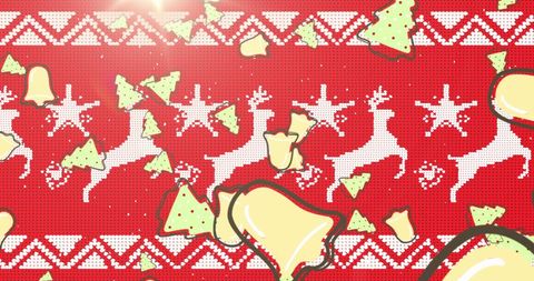 Festive Christmas Bells and Trees on Knitted Red Background