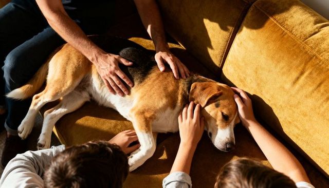 Family petting tricolor beagle on mustard sofa, kids bonding with calm dog, cozy home