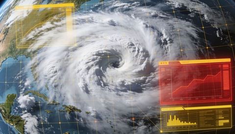 Satellite monitoring hurricane over north atlantic with hud analytics and data overlays