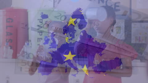European Flag and Currency Overlay with Diverse Volunteers Recycling