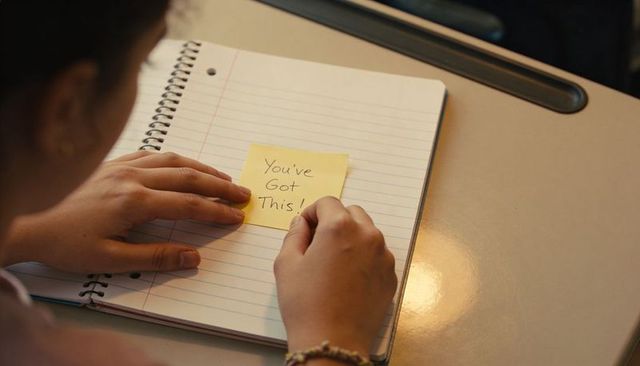 Student placing motivational sticky note on spiral notebook at classroom desk close-up