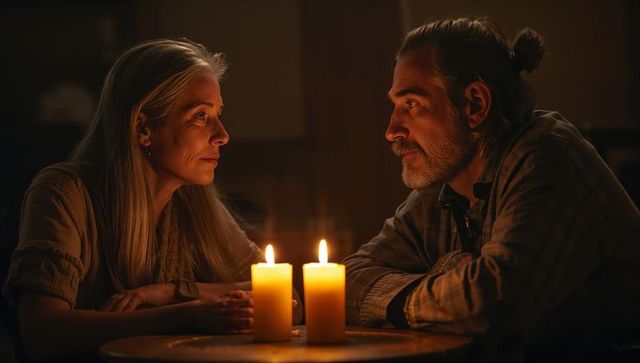 Candlelit conversation between mature couple sharing quiet intimate evening