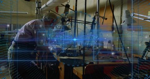 Craftsman Adjusting Workbench Vise with AR Overlay in Workshop