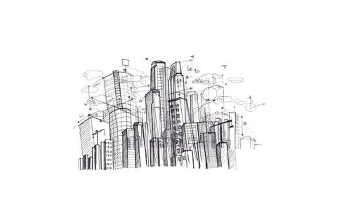 Transparent cityscape with business icons illustration