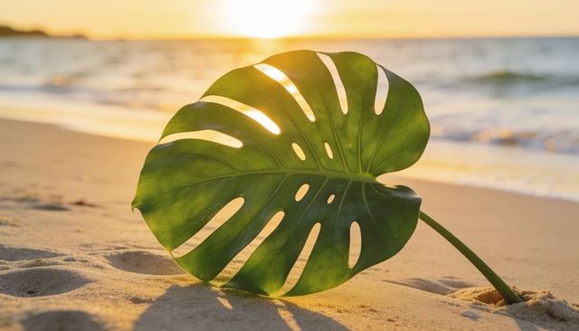 Sunlit monstera leaf on sandy beach at golden hour with translucent fenestrations