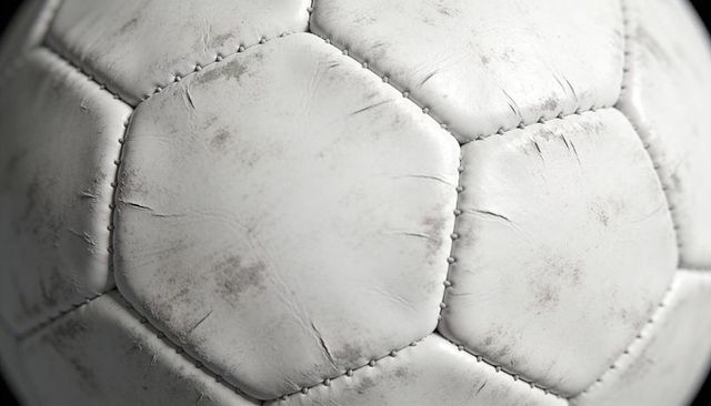 Worn white leather soccer ball close-up showing stitched seams and scuff-marked panels