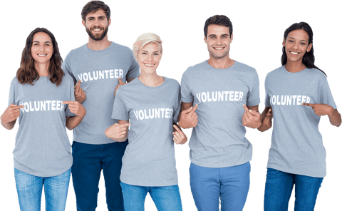 Diverse Group of Smiling Volunteers in Grey Shirts on Transparent Background