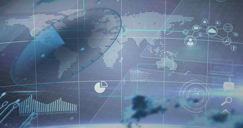 Global Dataviz Dashboard with Dotted World Map, HUD Overlays, Radar Trajectories