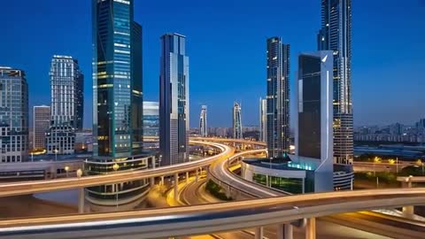 Dynamic City Skyline with Twisting Highway at Dusk