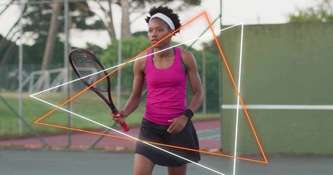 Female tennis player returning serve on outdoor hard court with neon triangle overlays