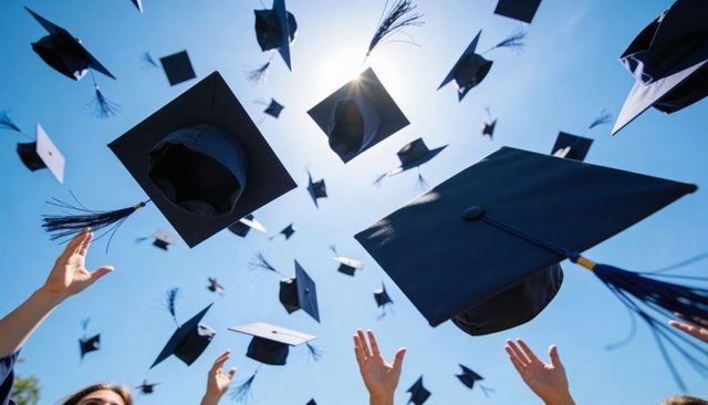 Graduates throwing mortarboard caps into blue sky during outdoor commencement celebration