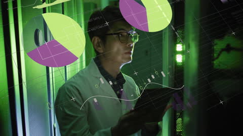 Technician Analyzing Server Data with Digital Infographics Overlay