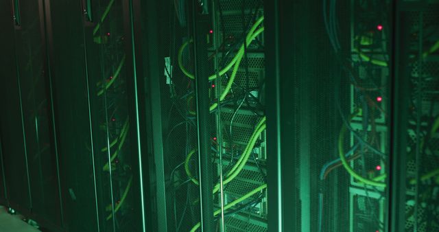 This image shows multiple server racks in a data center, illuminated by green light. Network cables and hardware components are visible, indicating a high-tech environment. Ideal for illustrating topics related to information technology, data storage, cybersecurity, and internet infrastructure.