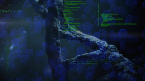 Digital DNA Strand with Code Overlay in Blue Tones