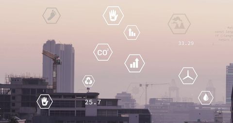 Eco Icons Over Cityscape Illustrating Environmental Technology and Connectivity - Download Free Stock Images Pikwizard.com