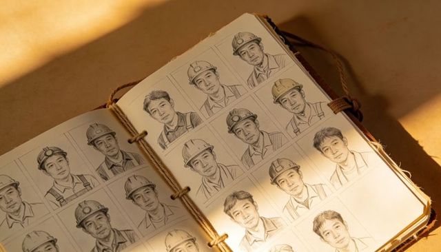Displaying handbound sketchbook with worker portrait grid in hard hats and warm sunlight